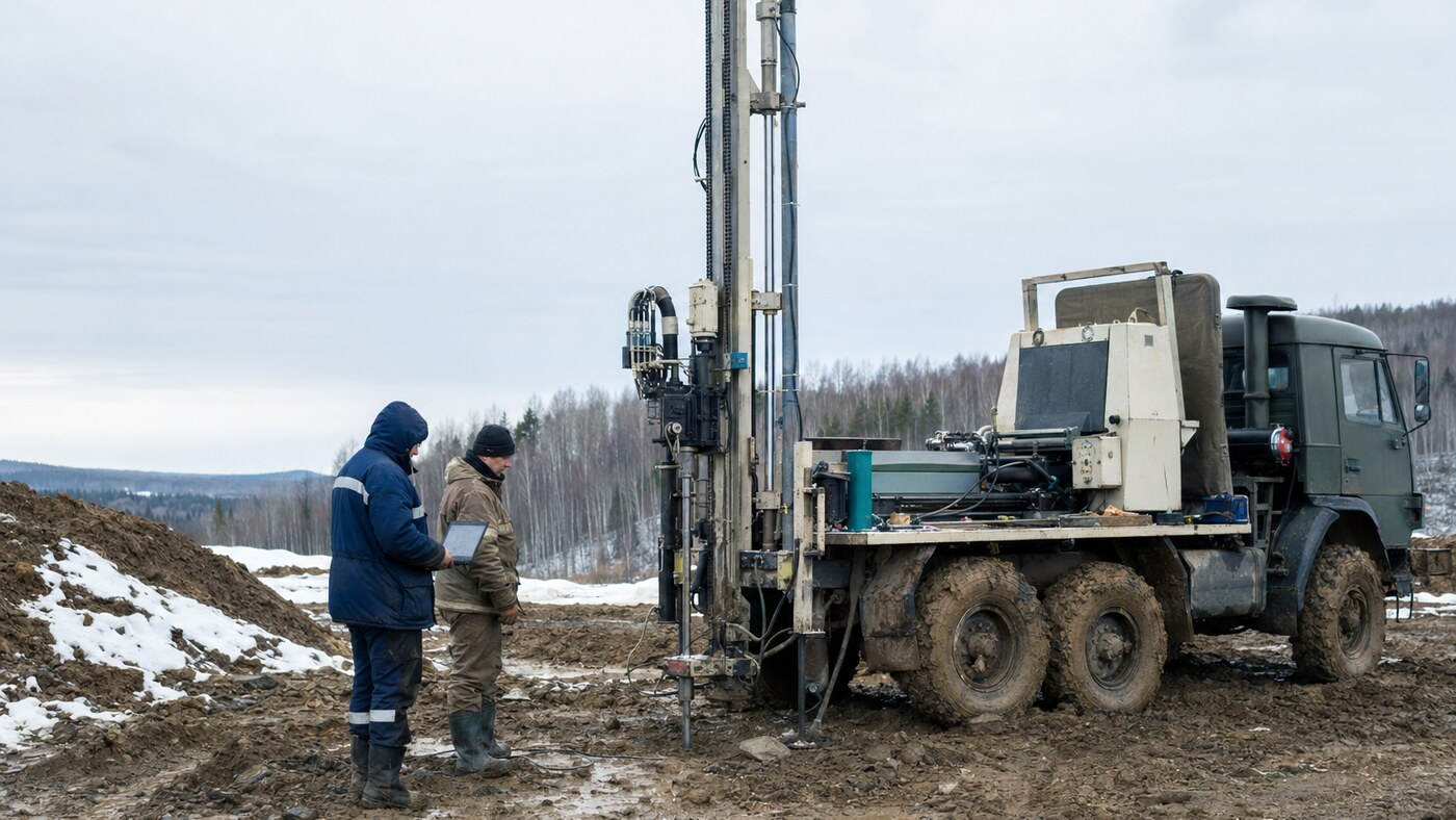Установка статического зондирования исследует грунт на строительной площадке